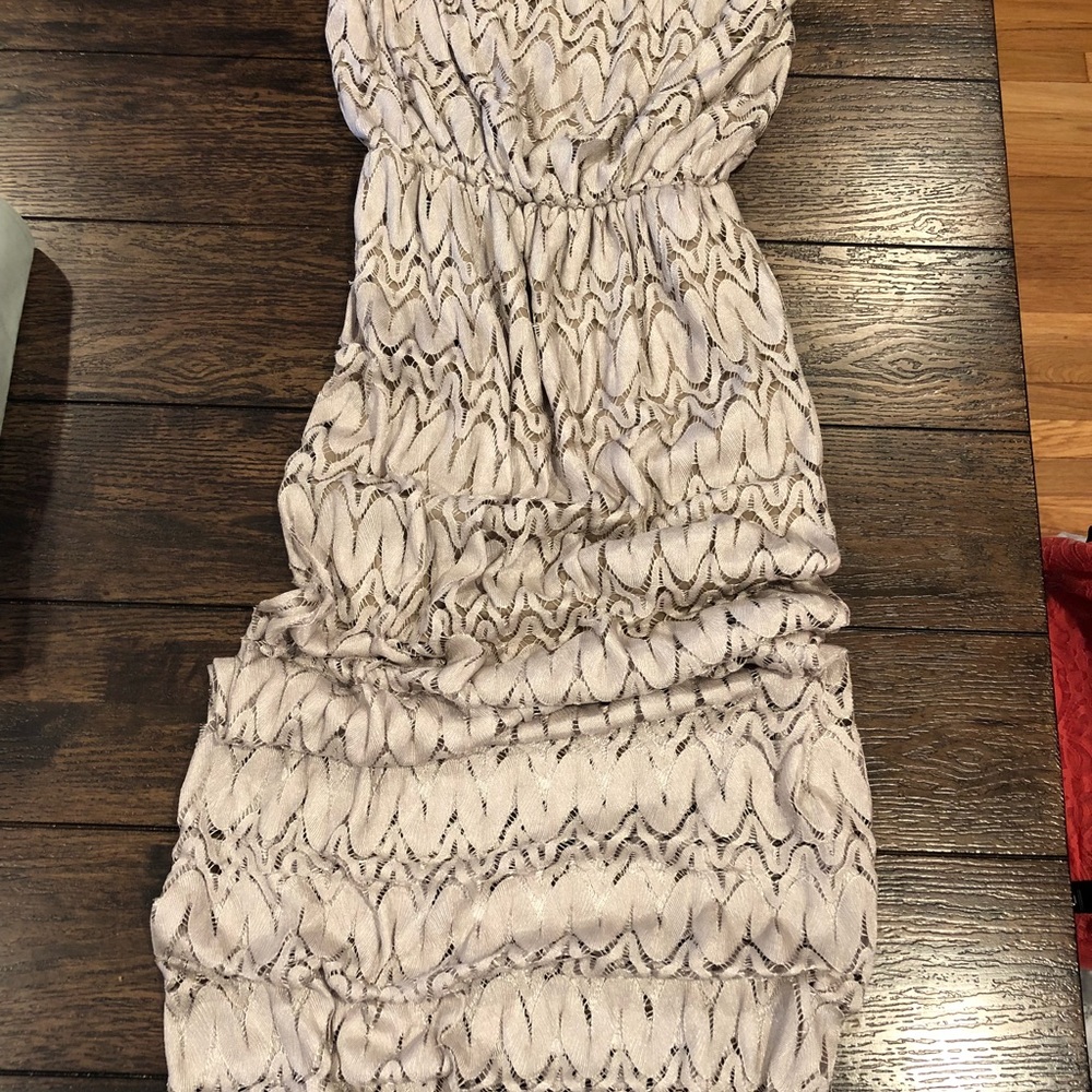 Champagne lace strapless maxi dress